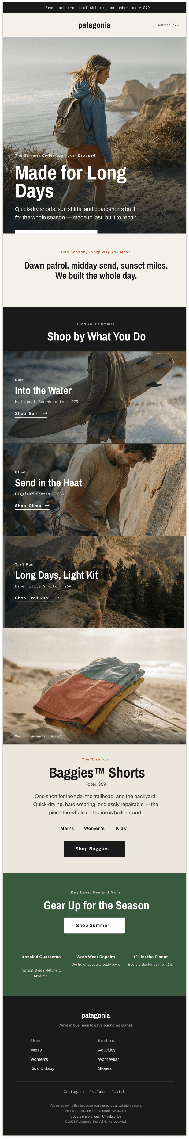 Patagonia summer collection seasonal email design
